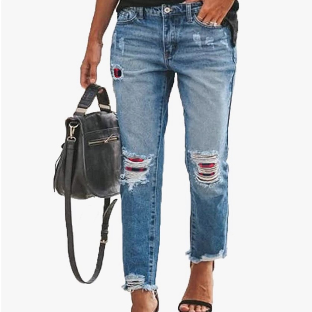 Sidefeel Women Patchwork Destroyed Raw Hem Jeans